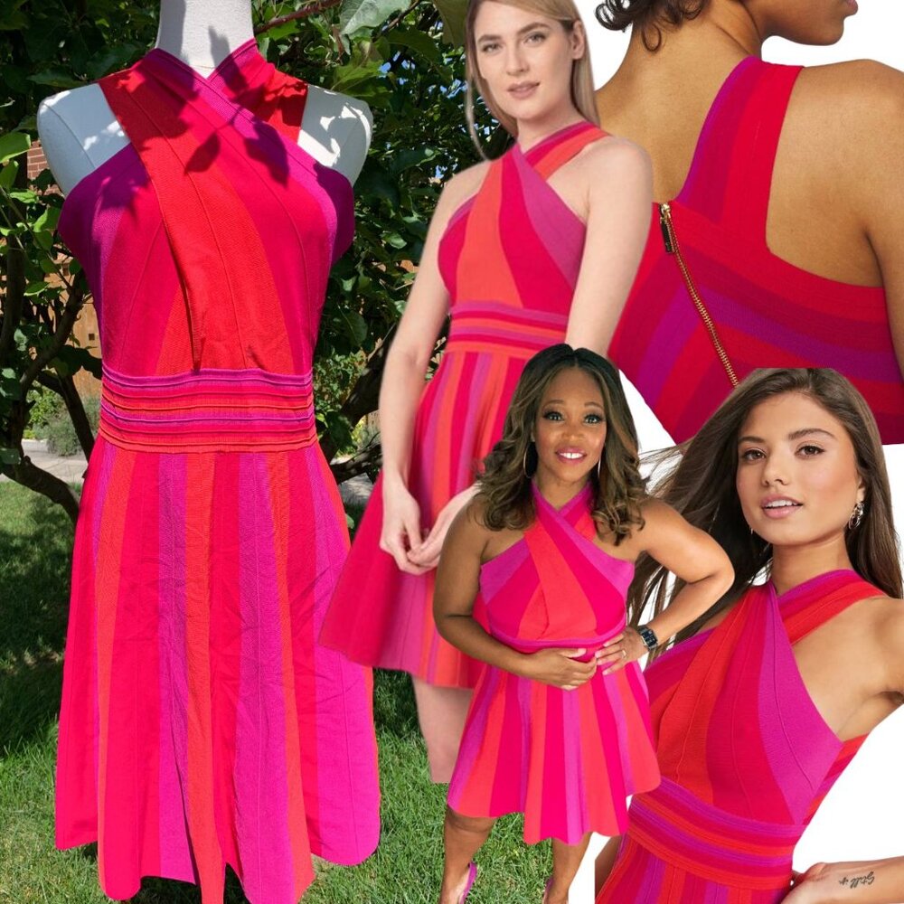 TED BAKER Kilyiee Pink Colorblock Cross-Over Stretch Knit Flare Dress, Sz 4